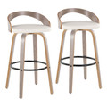 Grotto 30" Fixed-Height Contemporary Barstool with Swivel in Light Grey Wood and White Faux Leather with Round Black Metal Footrest- Set of 2 — pair view