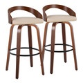 Grotto 30" Mid-Century Modern Fixed-Height Barstool with Swivel in Walnut Wood and Cream Faux Leather with Round Black Metal Footrest- Set of 2 — pair view