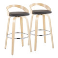 Grotto 30" Contemporary Fixed-Height Barstool with Swivel in Natural Wood and Brown Faux Leather with Round Chrome Metal Footrest- Set of 2 — pair view