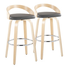 Grotto 30" Contemporary Fixed-Height Barstool with Swivel in Natural Wood and Grey Faux Leather with Round Chrome Metal Footrestby LumiSource - Set of 2 — pair view
