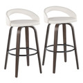 Grotto Upholstered 30" Contemporary Fixed-Height Barstool with Swivel in Walnut Glazed Wood and White Faux Leather with Round Black Metal Footrest- Set of 2 — pair view