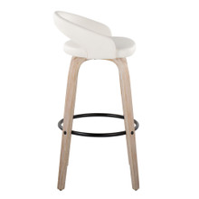 Grotto bar stool in Whitewashed Wood, White PU, Black Metal, side view, featuring swivel and wood frame