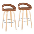 Grotto Upholstered 30" Contemporary Fixed-Height Barstool with Swivel in Natural Wood and Camel Faux Leather with Round Chrome Metal Footrest- Set of 2 — pair view