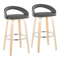 Grotto Upholstered 30" Contemporary Fixed-Height Barstool with Swivel in Natural Wood and Grey Faux Leather with Round Chrome Metal Footrest- Set of 2 — pair view