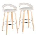 Grotto Upholstered 30" Contemporary Fixed-Height Barstool with Swivel in Natural Wood and White Faux Leather with Round Chrome Metal Footrest- Set of 2 — pair view