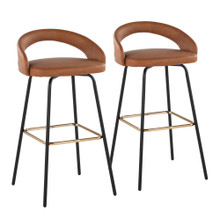 Grotto Upholstered 30" Contemporary Fixed-Height Barstool with Swivel in Black Metal and Camel Faux Leather with Square Gold Metal Footrest- Set of 2 — pair view