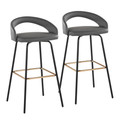 Grotto Upholstered 30" Contemporary Fixed-Height Barstool with Swivel in Black Metal and Grey Faux Leather with Square Gold Metal Footrest- Set of 2 — pair view