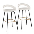 Grotto Upholstered 30" Contemporary Fixed-Height Barstool with Swivel in Black Metal and White Faux Leather with Square Gold Metal Footrest- Set of 2 — pair view