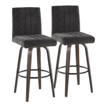 Hank 30" Contemporary Fixed-Height Barstool with Swivel in Walnut Glazed Wood and Black Fabric with Round Black Metal Footrest- Set of 2 — pair view (photo 1)