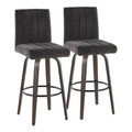 Hank 30" Contemporary Fixed-Height Barstool with Swivel in Walnut Glazed Wood and Black Fabric with Round Black Metal Footrest- Set of 2 — pair view (photo 1)