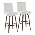 Hank 30" Contemporary Fixed-Height Barstool with Swivel in Walnut Glazed Wood and Light Grey Fabric with Round Black Metal Footrest- Set of 2 — pair view (photo 1)