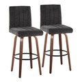 Hank 30" Contemporary Fixed-Height Barstool with Swivel in Walnut Wood and Black Fabric with Round Black Metal Footrest- Set of 2 — pair view (photo 1)