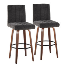 Hank 30" Contemporary Fixed-Height Barstool with Swivel in Walnut Wood and Black Fabric with Round Black Metal Footrest- Set of 2 — pair view (photo 1)