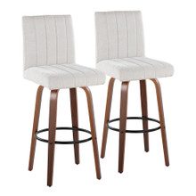 Hank 30" Contemporary Fixed-Height Barstool with Swivel in Walnut Wood and Light Grey Fabric with Round Black Metal Footrest- Set of 2 — pair view (photo 1)