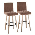 Hank 30" Contemporary Fixed-Height Barstool with Swivel in Whitewashed Wood and Brown Fabric with Round Black Metal Footrest- Set of 2 — pair view (photo 1)