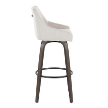 Hannah bar stool in Walnut Glazed Wood, Cream Fabric, Black Metal, side view, featuring swivel and wood frame
