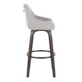 Hannah bar stool in Walnut Glazed Wood, Grey Fabric, Black Metal, side view, featuring swivel and wood frame