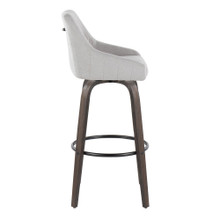 Hannah bar stool in Walnut Glazed Wood, Grey Fabric, Black Metal, side view, featuring swivel and wood frame