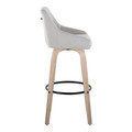 Hannah bar stool in Whitewashed Wood, Grey Fabric, Black Metal, side view, featuring swivel and upholstered seat