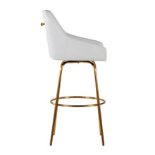 Hannah bar stool in Gold Metal, White PU, side view, featuring swivel