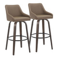 Hannah 30" Transitional Fixed-Height Barstool with Swivel in Walnut Glazed Wood and Brown Faux Leather with Round Black Metal Footrest- Set of 2 — pair view (photo 1)