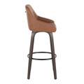 Hannah bar stool in Walnut Glazed Wood, Camel PU, Black Metal, side view, featuring swivel and wood frame