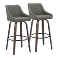 Hannah 30" Transitional Fixed-Height Barstool with Swivel in Walnut Glazed Wood and Dark Grey Faux Leather with Round Black Metal Footrest- Set of 2 — pair view (photo 1)