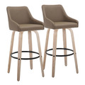 Hannah 30" Transitional Fixed-Height Barstool with Swivel in Whitewashed Wood and Brown Faux Leather with Round Black Metal Footrest- Set of 2 — pair view (photo 1)
