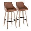 Hannah 30" Transitional Fixed-Height Barstool with Swivel in Whitewashed Wood and Camel Faux Leather with Round Black Metal Footrest- Set of 2 — pair view (photo 1)