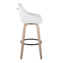Hannah bar stool in Whitewashed Wood, White PU, Gold Metal, Black Metal, side view, featuring swivel and wood frame