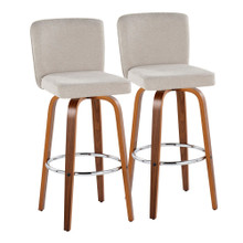 Henry 30" Contemporary Fixed-Height Barstool with Swivel in Walnut Wood and Beige Fabric with Round Chrome Footrest- Set of 2 — pair view