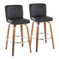 Henry 30" Contemporary Fixed-Height Xl Barstool with Swivel in Walnut Wood and Black Faux Leather with Round Chrome Metal Footrest- Set of 2 — pair view