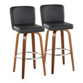 Henry 30" Contemporary Fixed-Height Barstool with Swivel in Walnut Wood and Black Faux Leather with Round Chrome Footrest- Set of 2 — pair view
