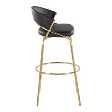 Jie bar stool in Gold Metal, Gold Metal, Black PU, side view, featuring metal footrest