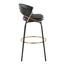 Jie bar stool in Black Metal, Gold Metal, Black PU, side view, featuring metal footrest