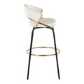 Jie bar stool in Black Metal, Gold Metal, White PU, side view, featuring metal footrest