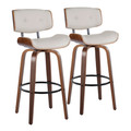 Lombardi 30" Mid-Century Modern Fixed-Height Barstool with Swivel in Walnut Wood and Cream Faux Leather with Round Black Metal Footrest- Set of 2 — pair view