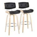 Lombardi 30" Contemporary Fixed-Height Barstool with Swivel in Natural Wood and Black Faux Leather with Round Chrome Metal Footrest- Set of 2 — pair view