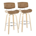 Lombardi 30" Contemporary Fixed-Height Barstool with Swivel in Natural Wood and Camel Faux Leather with Round Chrome Metal Footrest- Set of 2 — pair view