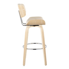 Lombardi bar stool in Natural Wood, Chrome Metal, Cream PU, side view, featuring swivel and upholstered seat