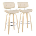 Lombardi 30" Contemporary Fixed-Height Barstool with Swivel in Natural Wood and Cream Faux Leather with Round Chrome Metal Footrest- Set of 2 — pair view