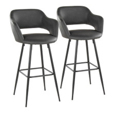 Margarite 30" Contemporary Fixed-Height Barstool with Swivel in Black Metal and Grey Faux Leather with Square Metal Footrest- Set of 2 — pair view