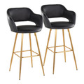 Margarite 30" Contemporary Fixed-Height Barstool in Gold Metal and Black Faux Leather with Square Gold Metal Footrest- Set of 2 — pair view