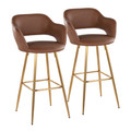 Margarite 30" Contemporary Fixed-Height Barstool in Gold Metal and Brown Faux Leather with Square Gold Metal Footrest- Set of 2 — pair view