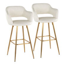 Margarite 30" Contemporary Fixed-Height Barstool in Gold Metal and Cream Faux Leather with Square Gold Metal Footrest- Set of 2 — pair view