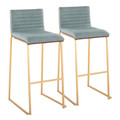 Mason Mara 30" Contemporary Fixed-Height Barstool in Gold Metal, Walnut Wood and Green Fabric- Set of 2 — pair view