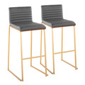 Mason Mara 30" Contemporary Fixed-Height Barstool in Gold Metal, Walnut Wood and Grey Faux Leather- Set of 2 — pair view
