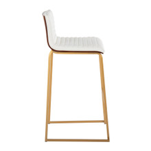Mason bar stool in Gold Metal, Walnut Wood, White PU, side view, featuring upholstered seat
