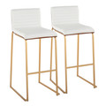 Mason Mara 30" Contemporary Fixed-Height Barstool in Gold Metal, Walnut Wood and White Faux Leather- Set of 2 — pair view