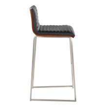 Mason bar stool in Stainless Steel, Walnut Wood, Black PU, side view, featuring faux leather design and leather design